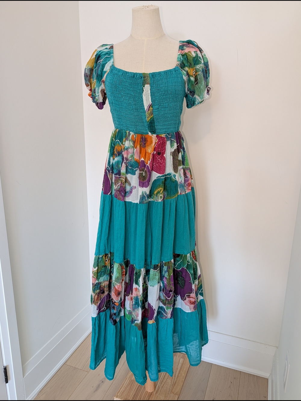 Teal Floral Patchwork Maxi Dress with Puff Sleeves And Smocking